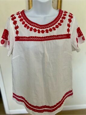 Boden Cornelia White Linen Tunic with Red Embroidered Trim Size 8